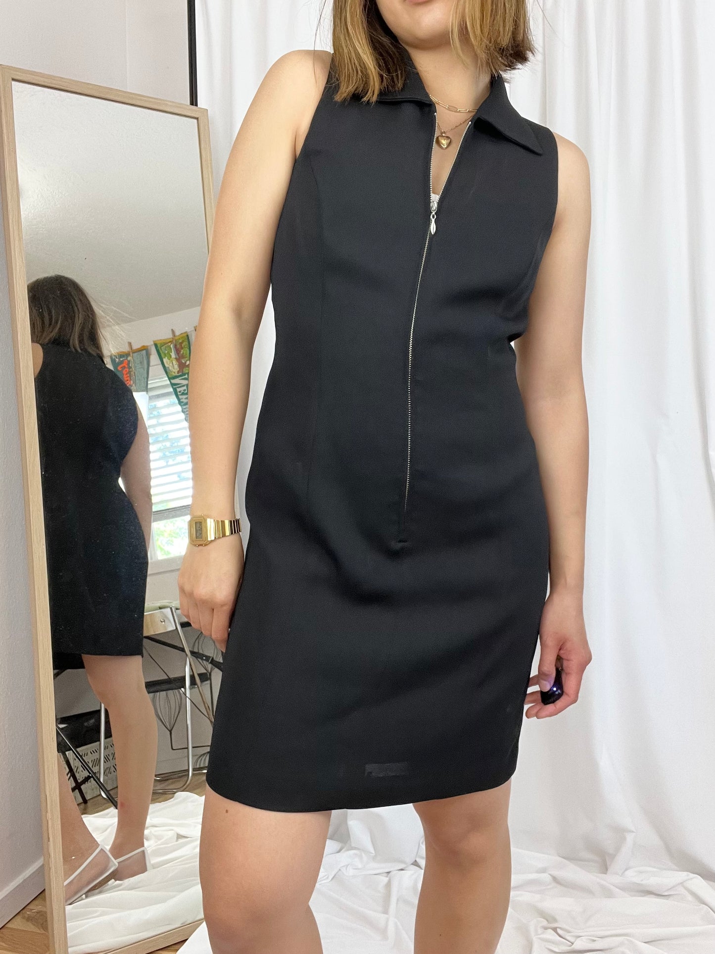 BLACK COLLARED ZIP UP DRESS