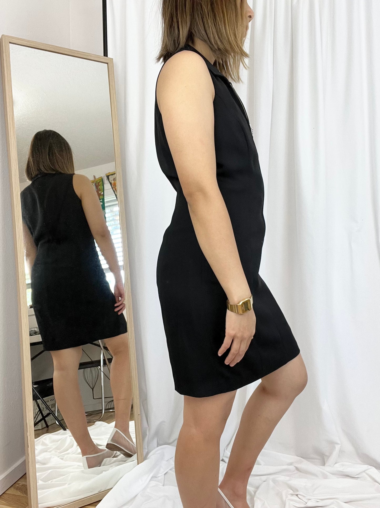 BLACK COLLARED ZIP UP DRESS