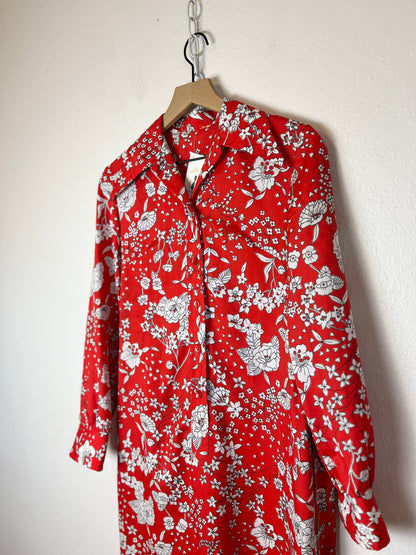 1970s RED FLORAL BUTTON DOWN MAXI DRESS