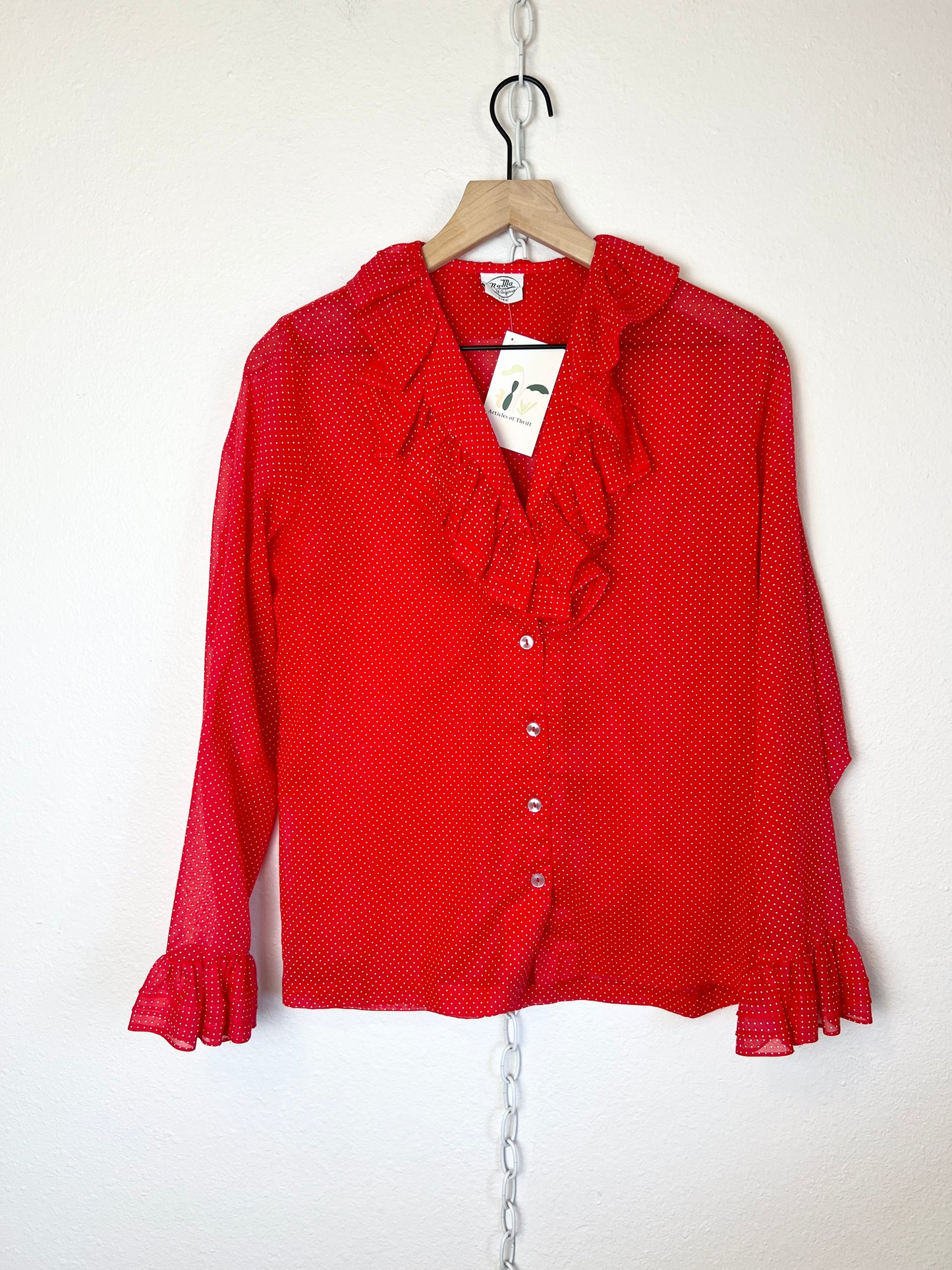 RED POLKA DOT RUFFLE LONG SLEEVE BUTTON UP