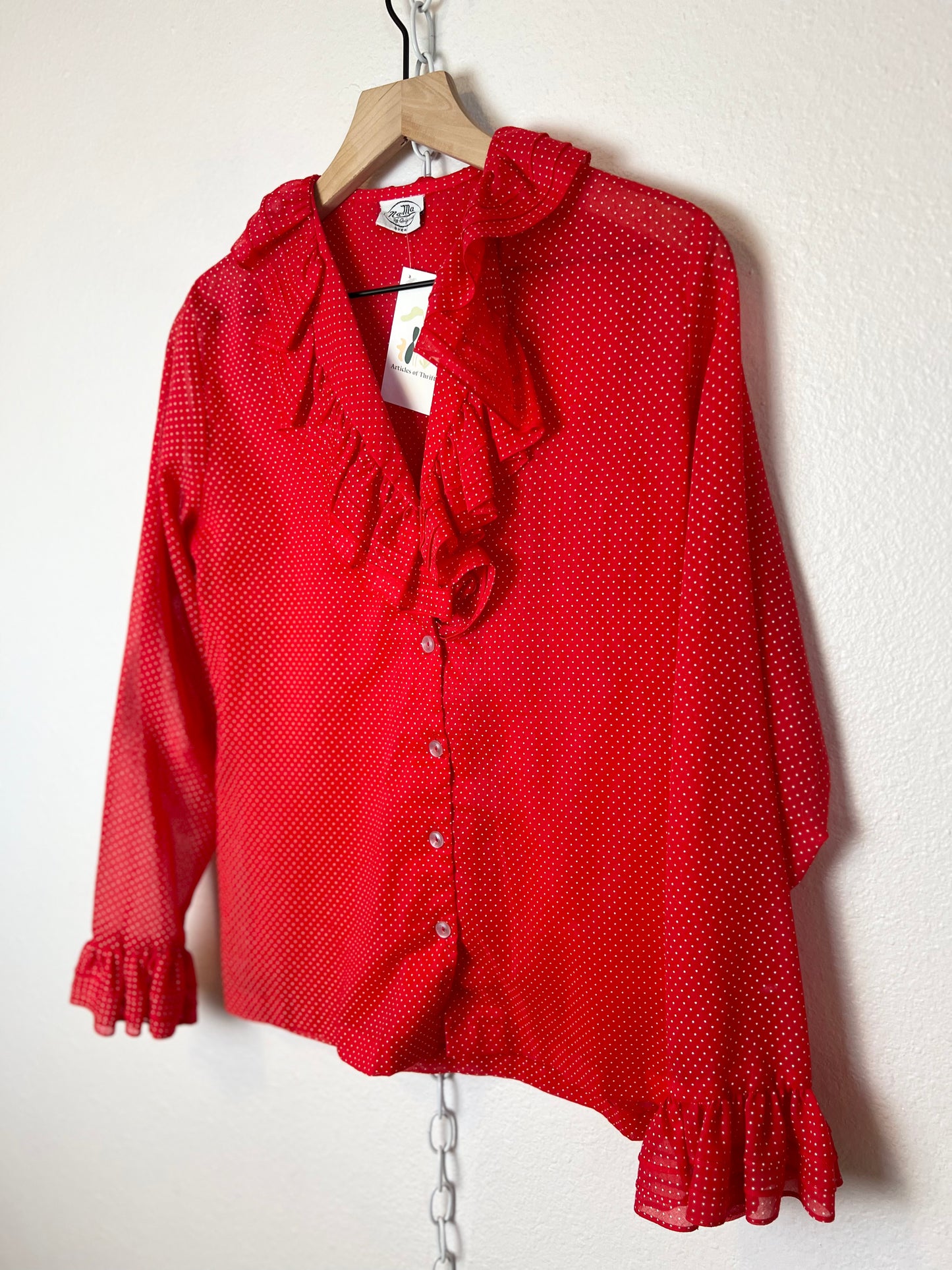 RED POLKA DOT RUFFLE LONG SLEEVE BUTTON UP