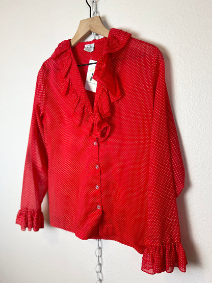 RED POLKA DOT RUFFLE LONG SLEEVE BUTTON UP