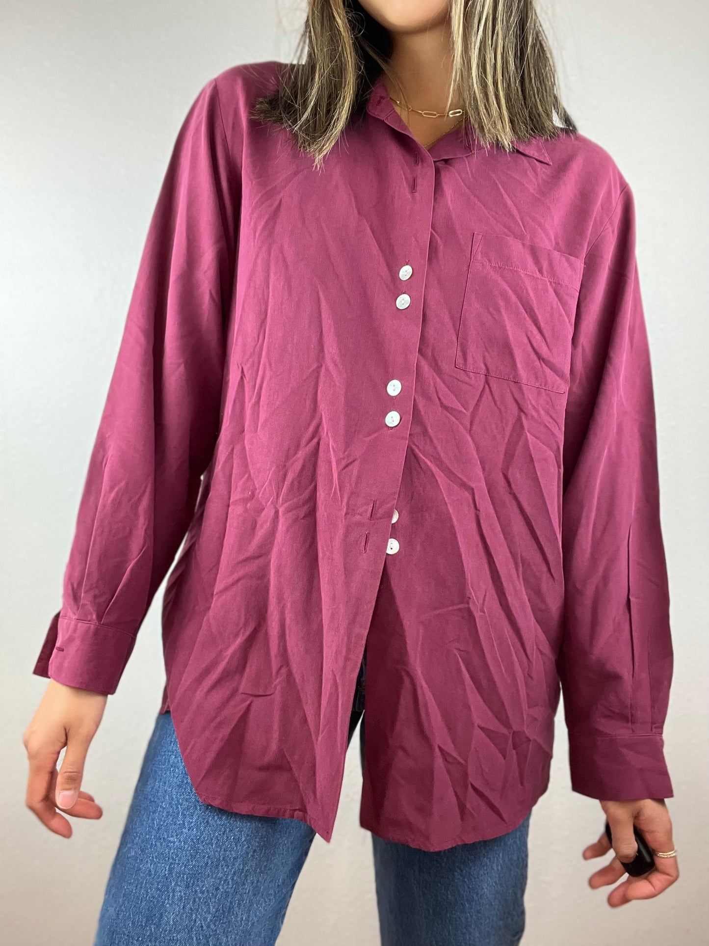 Vintage Silky Berry Pink Button Up Top