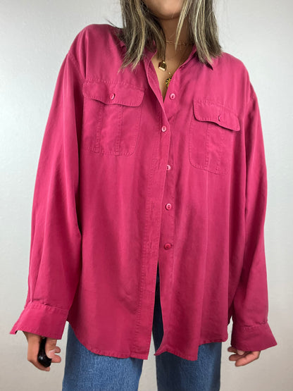 Vintage Silky Dark Pink Button Up Top