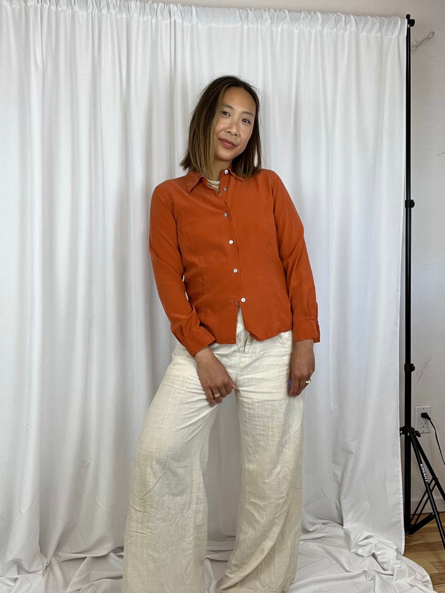 BURNT ORANGE SILK LONG SLEEVE TOP