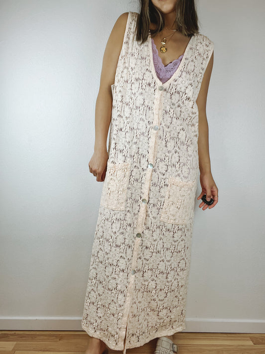 Open Knit Cream Button Up Dress