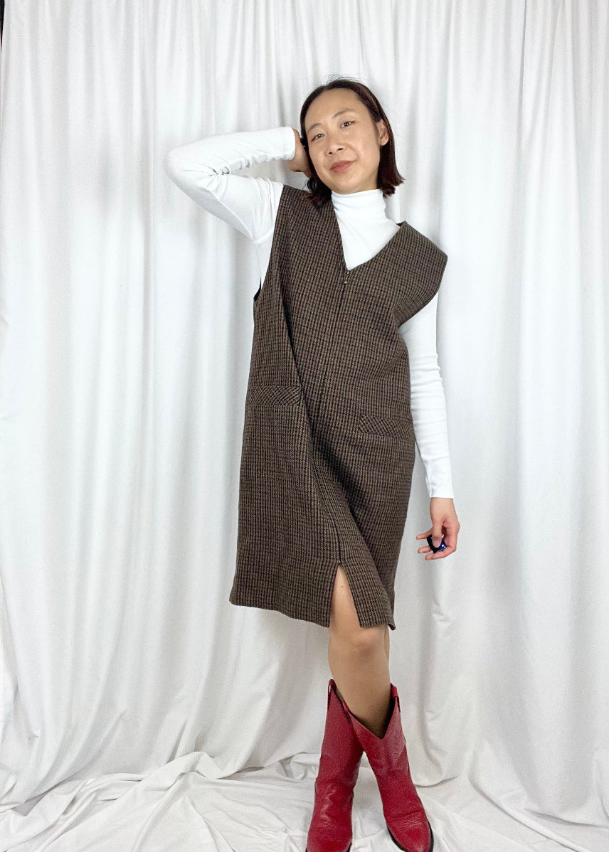 HOUNDSTOOTH PLAID WOOL DRESS