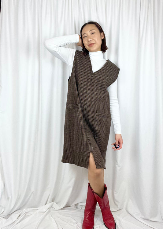 HOUNDSTOOTH PLAID WOOL DRESS