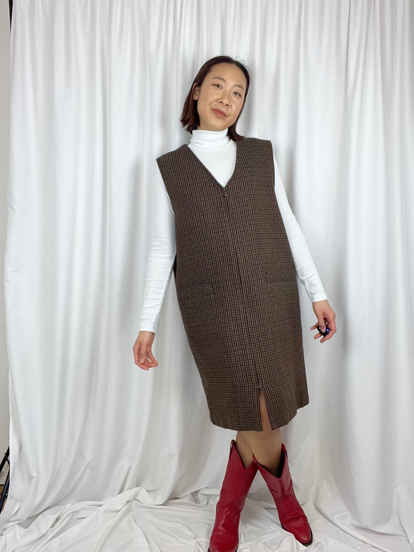 HOUNDSTOOTH PLAID WOOL DRESS