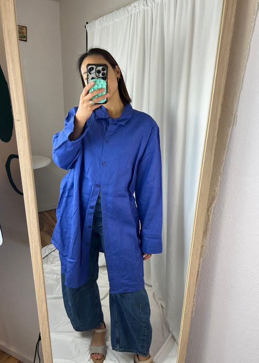 RICH BLUE LINEN BUTTON DOWN TOP
