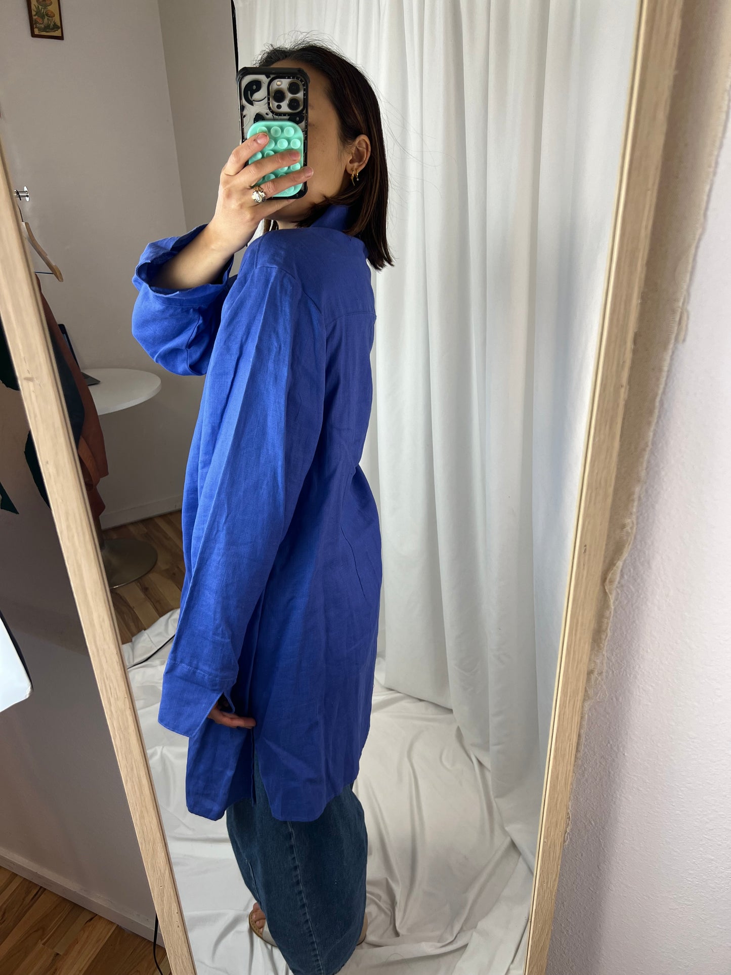 RICH BLUE LINEN BUTTON DOWN TOP