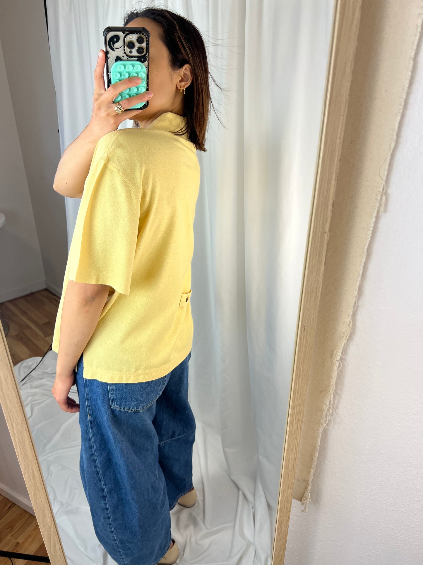 YELLOW RAW SILK BUTTON DOWN TOP