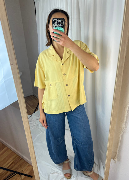 YELLOW RAW SILK BUTTON DOWN TOP