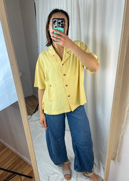 YELLOW RAW SILK BUTTON DOWN TOP