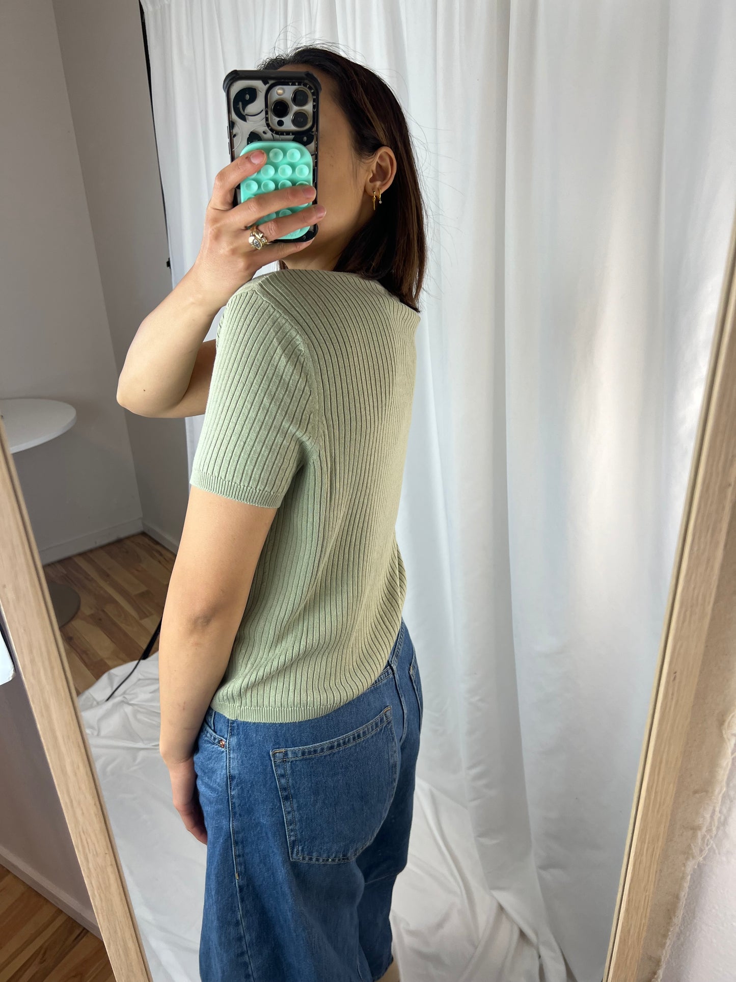 SAGE GREEN RIBBED SILK TOP