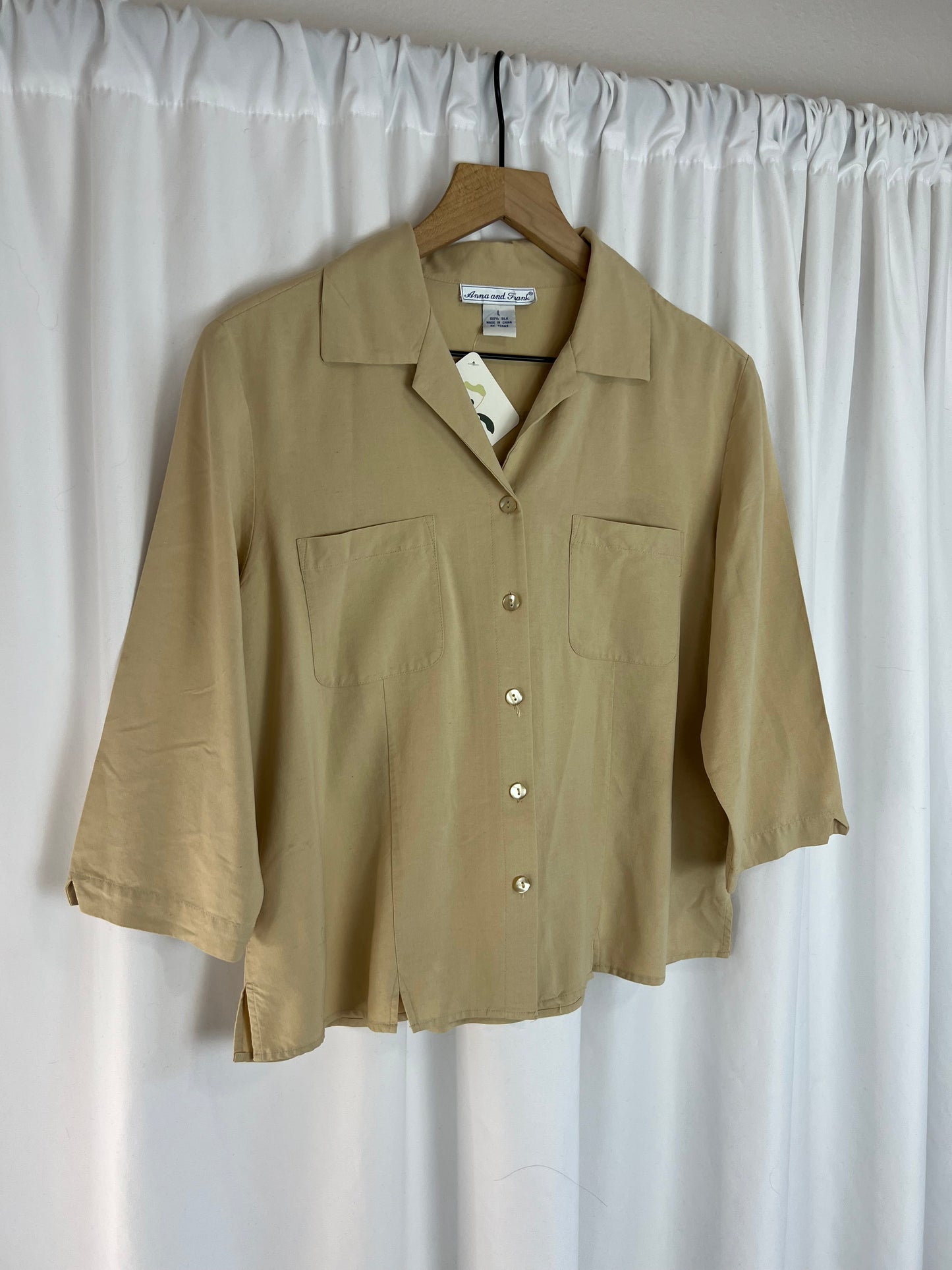 TAN SILK BUTTON DOWN TOP