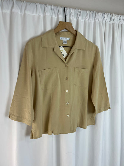 TAN SILK BUTTON DOWN TOP