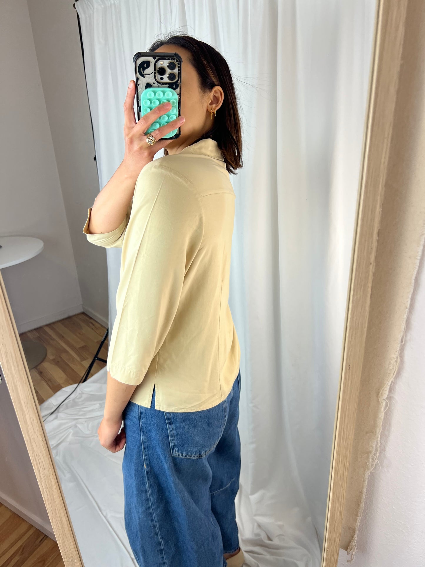 TAN SILK BUTTON DOWN TOP