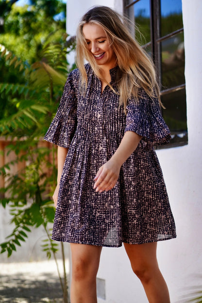 COTTON TUNIC DRESS - BLACK MULTI