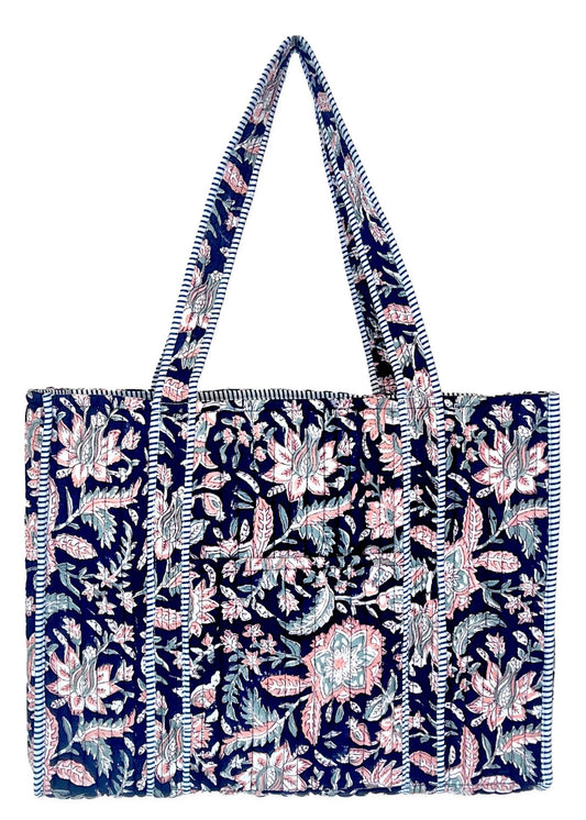 QUILTED BLOCK-PRINT TOTE- MIDNIGHT DESERT