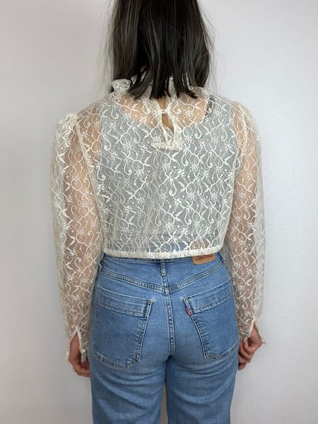 Floral Lace Sheer Cropped Blouse