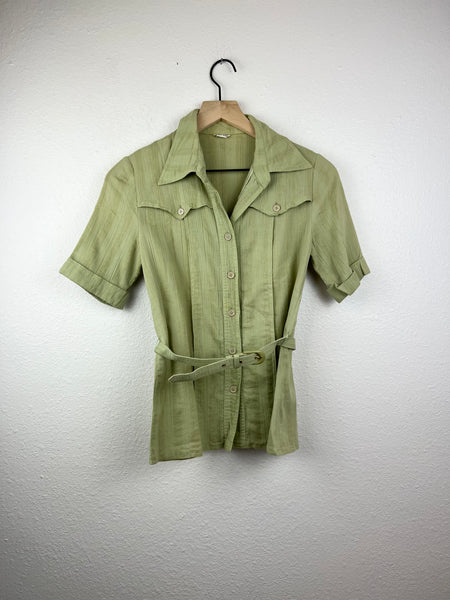 Sage Green Belted Button Up Top