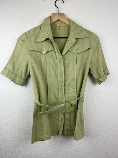 Sage Green Belted Button Up Top