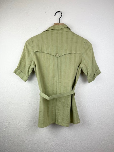 Sage Green Belted Button Up Top