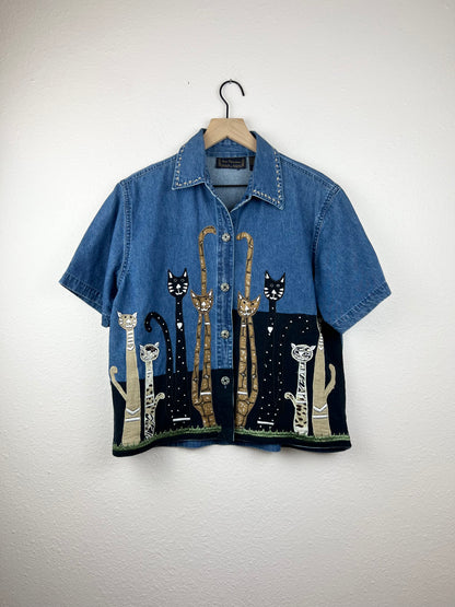 Cats! Denim Button Up Top