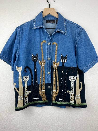 Cats! Denim Button Up Top
