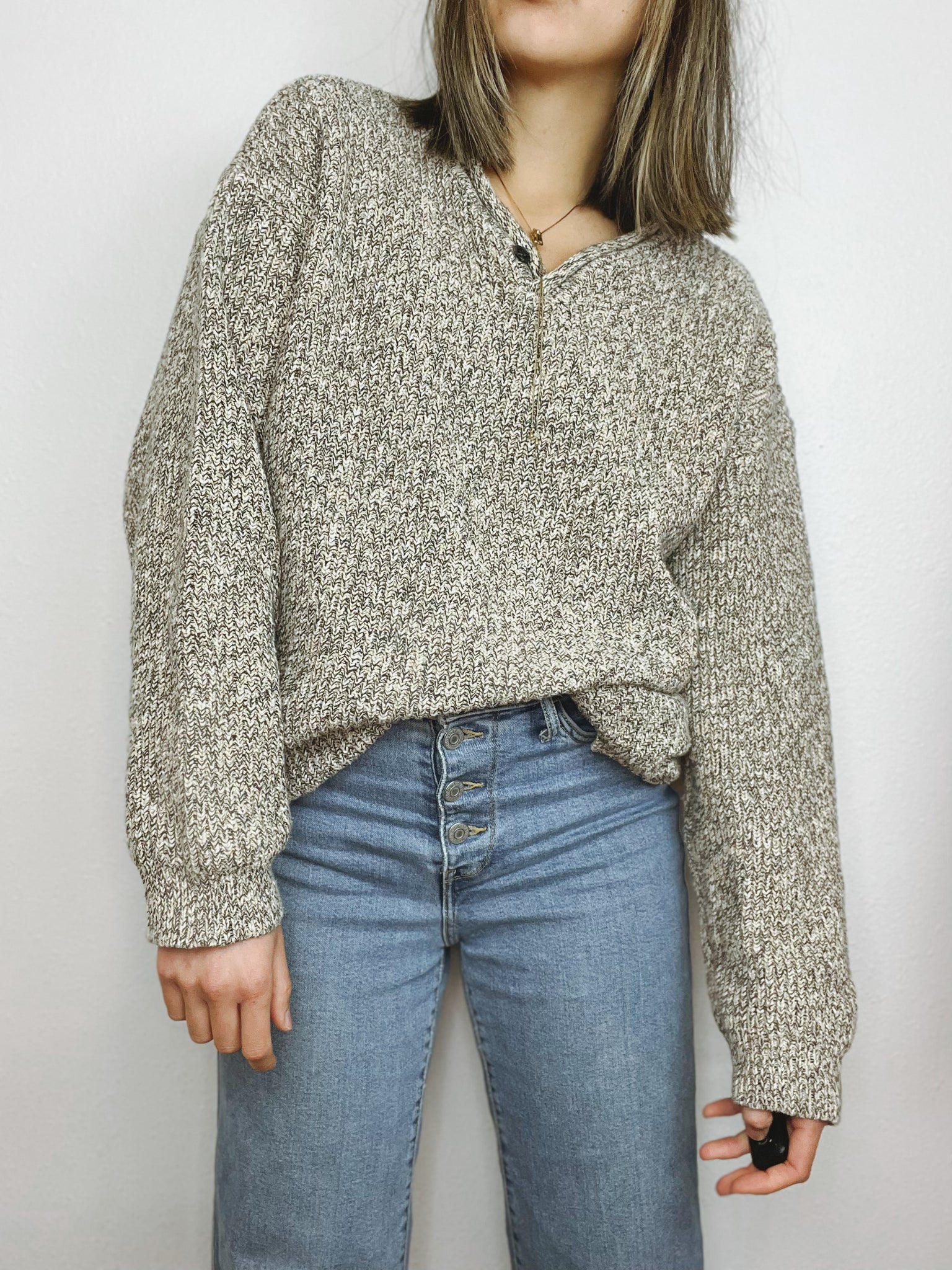 Heathered V-Neck 1-Button Sweater