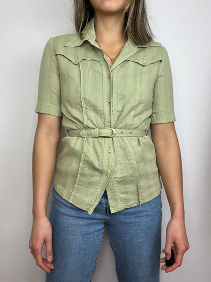Sage Green Belted Button Up Top