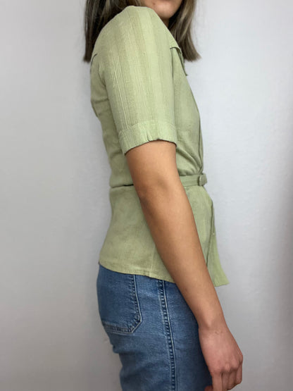 Sage Green Belted Button Up Top