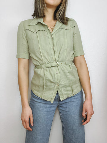 Sage Green Belted Button Up Top