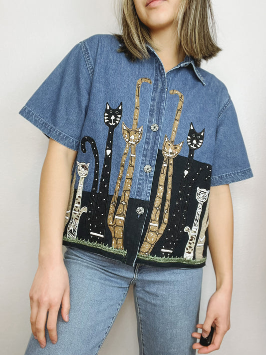 Cats! Denim Button Up Top