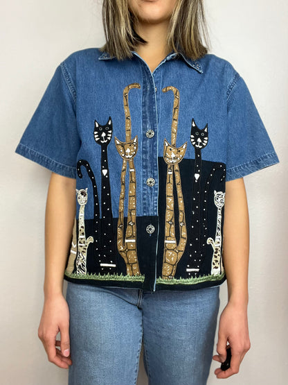 Cats! Denim Button Up Top