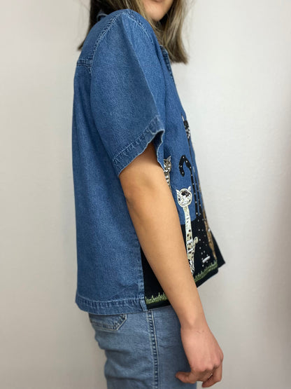 Cats! Denim Button Up Top