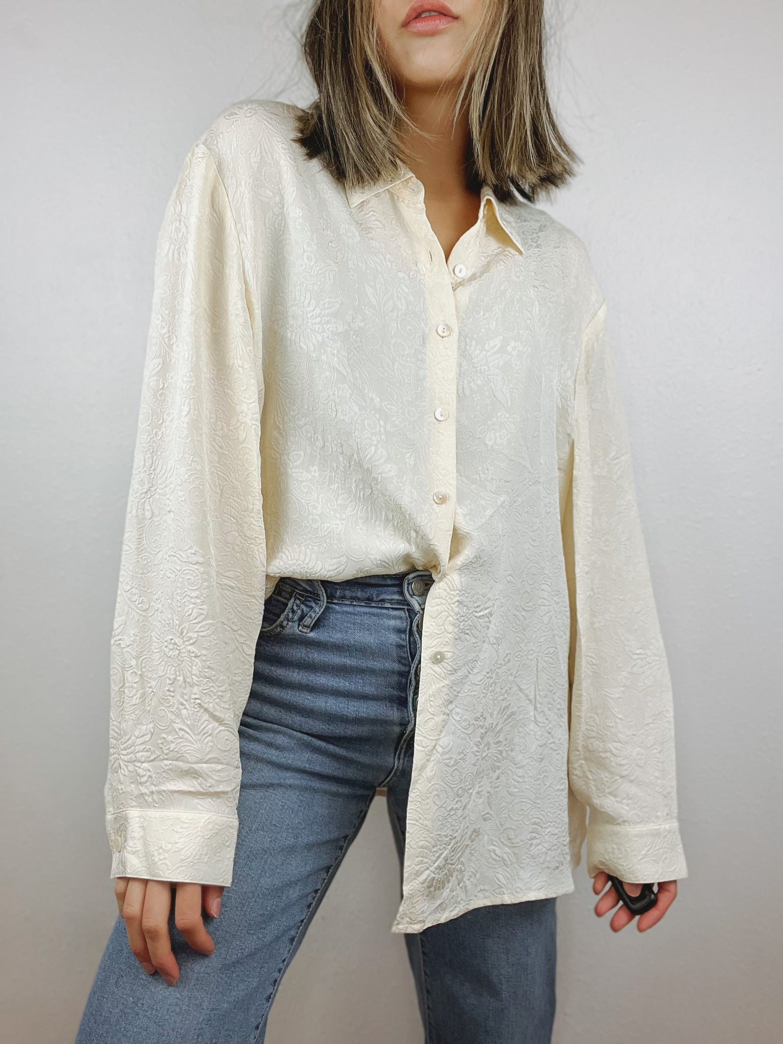 Silk Embossed Floral Button Up Top