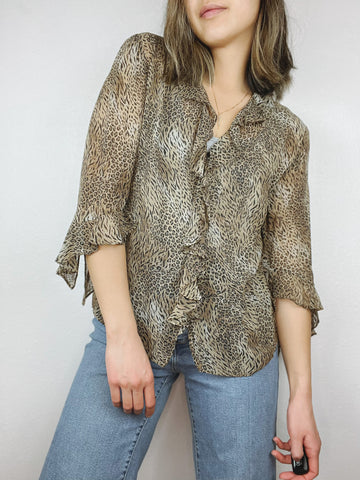 Chico's Silk Ruffle Cheetah Print Top