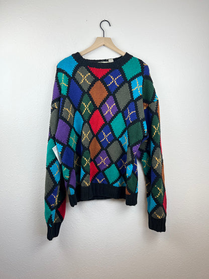 Hand Knit Chunky Colorful Diamond Print Sweater