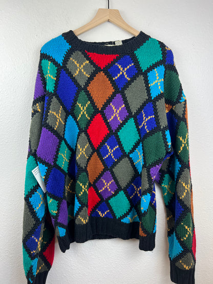 Hand Knit Chunky Colorful Diamond Print Sweater
