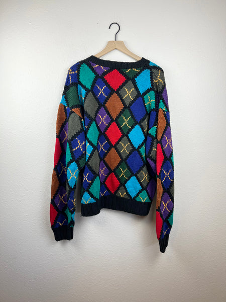 Hand Knit Chunky Colorful Diamond Print Sweater