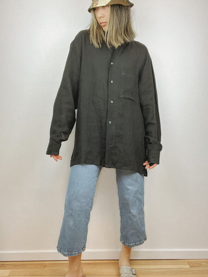 Slouchy Black Linen Button Up Top