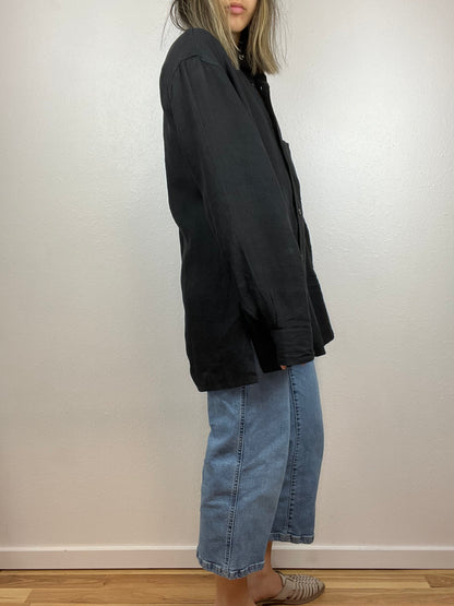 Slouchy Black Linen Button Up Top