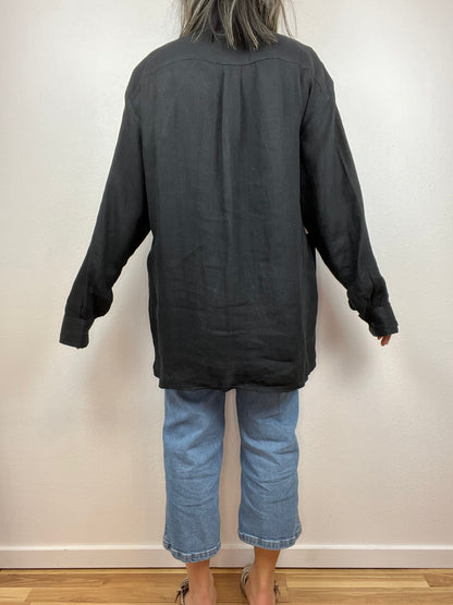 Slouchy Black Linen Button Up Top