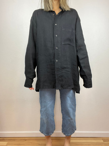 Slouchy Black Linen Button Up Top