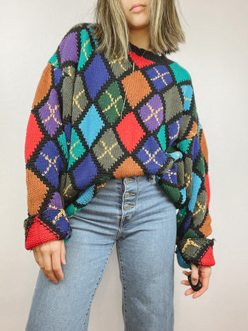 Hand Knit Chunky Colorful Diamond Print Sweater