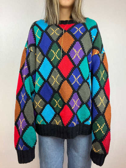 Hand Knit Chunky Colorful Diamond Print Sweater