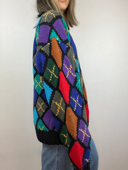Hand Knit Chunky Colorful Diamond Print Sweater