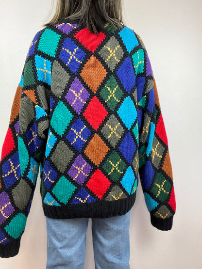 Hand Knit Chunky Colorful Diamond Print Sweater